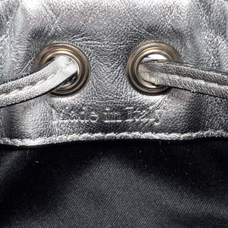 Pre Owned Moschino Metallic Silver Quilted Leather Logo Drawstring BackPack