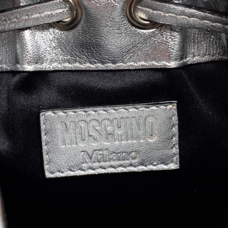 Pre Owned Moschino Metallic Silver Quilted Leather Logo Drawstring BackPack