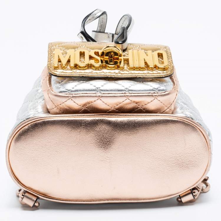 Pre Owned Moschino Metallic Silver Quilted Leather Logo Drawstring BackPack