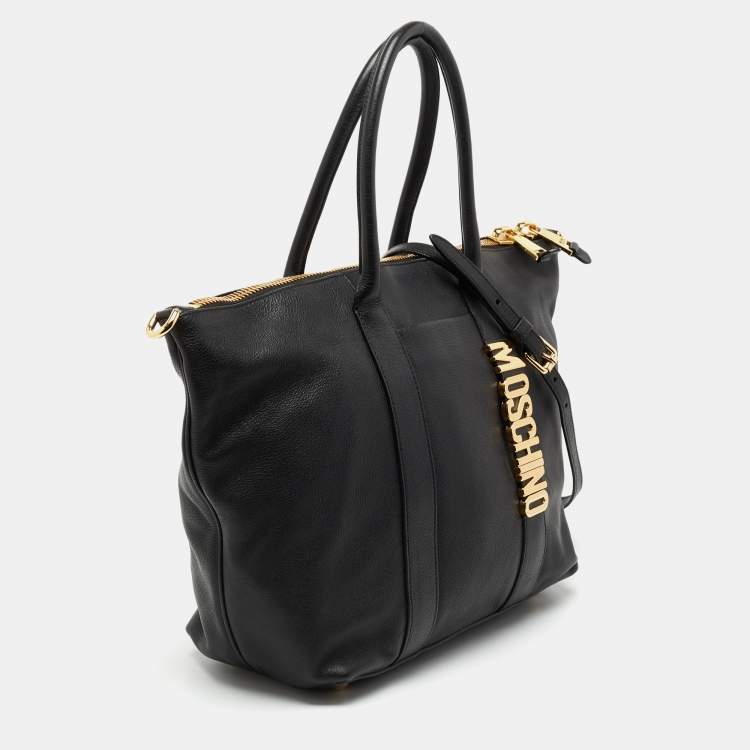 Pre Owned Moschino Black Leather Logo Detail Tote 