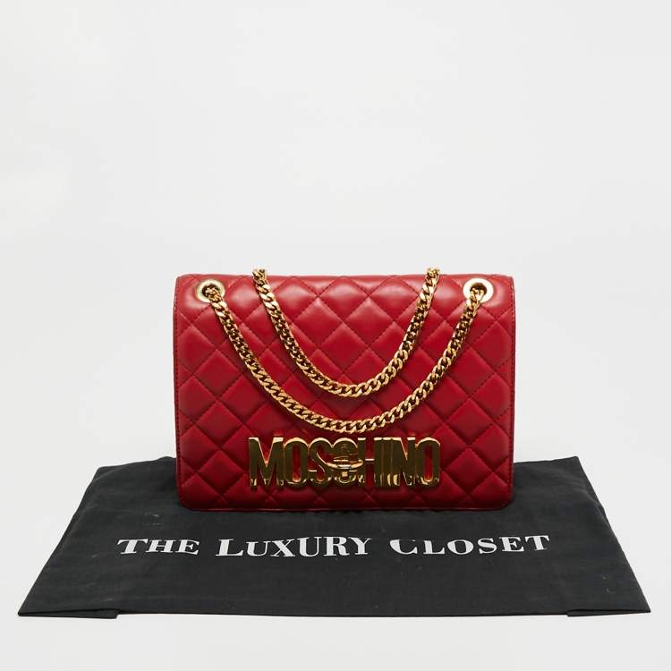 Pre Owned Moschino Red Quilted Leather Logo Flap Shoulder Bag