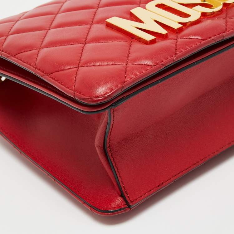 Pre Owned Moschino Red Quilted Leather Logo Flap Shoulder Bag