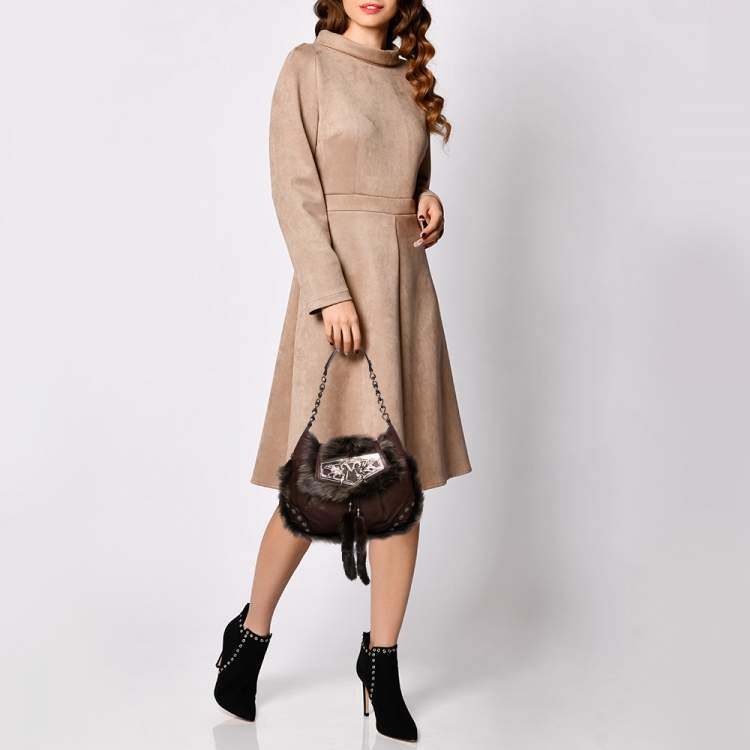 Pre Owned Moschino Brown Leather, Faux Fur, and Mink Studded Hobo