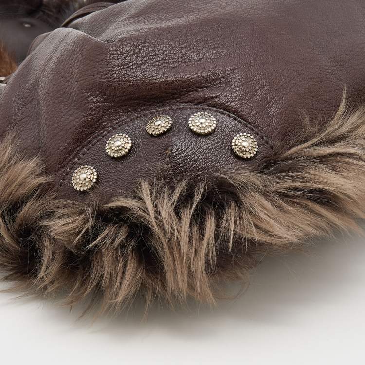 Pre Owned Moschino Brown Leather, Faux Fur, and Mink Studded Hobo