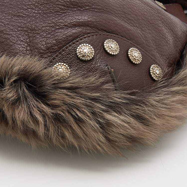 Pre Owned Moschino Brown Leather, Faux Fur, and Mink Studded Hobo