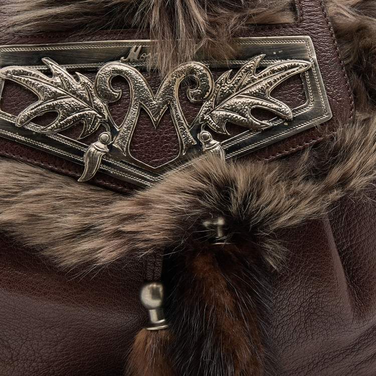 Pre Owned Moschino Brown Leather, Faux Fur, and Mink Studded Hobo