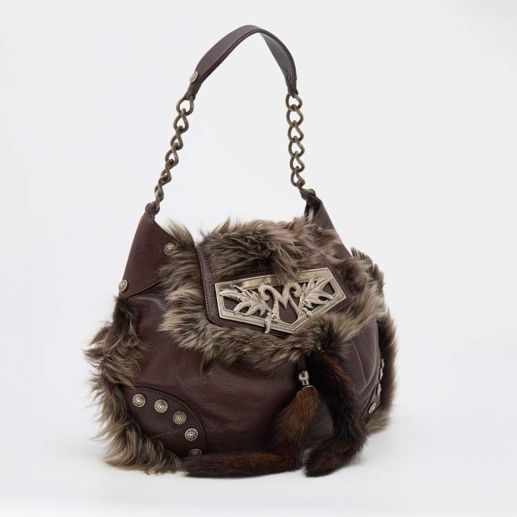 Pre Owned Moschino Brown Leather, Faux Fur, and Mink Studded Hobo