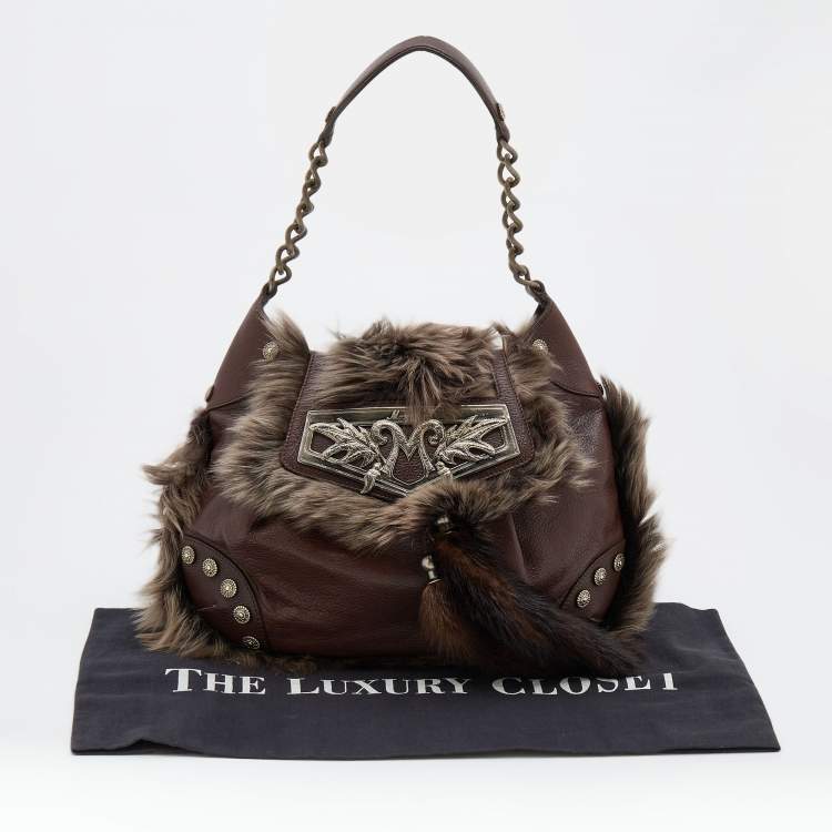 Pre Owned Moschino Brown Leather, Faux Fur, and Mink Studded Hobo