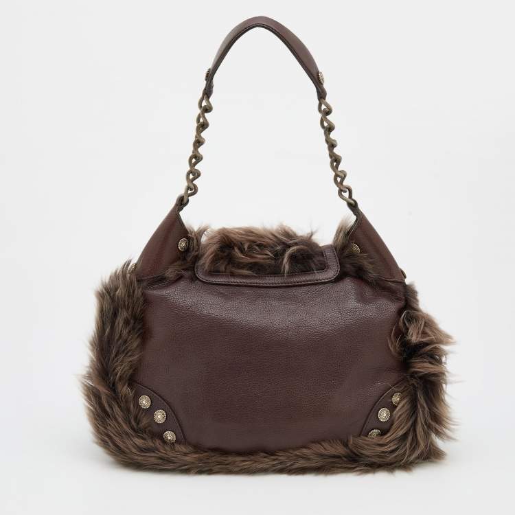 Pre Owned Moschino Brown Leather, Faux Fur, and Mink Studded Hobo