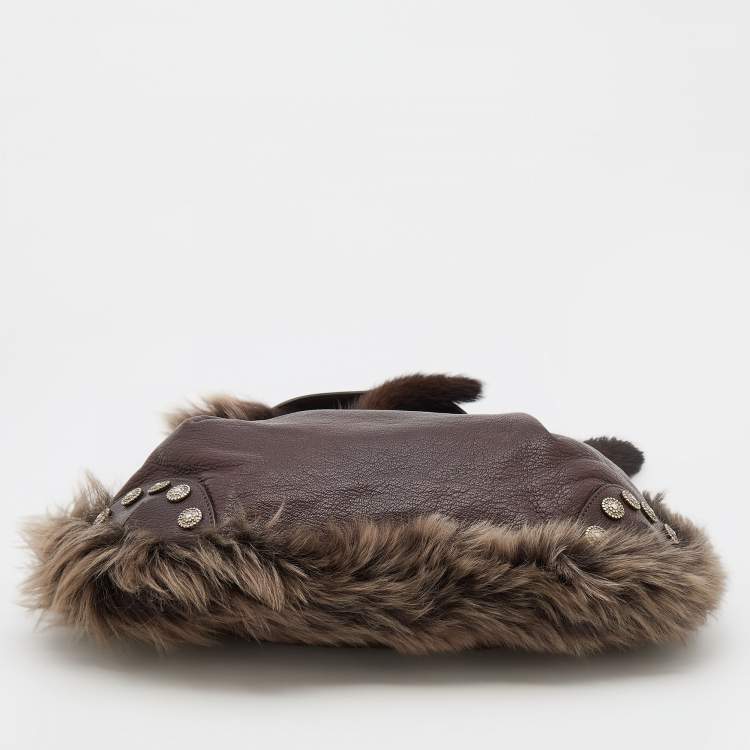 Pre Owned Moschino Brown Leather, Faux Fur, and Mink Studded Hobo