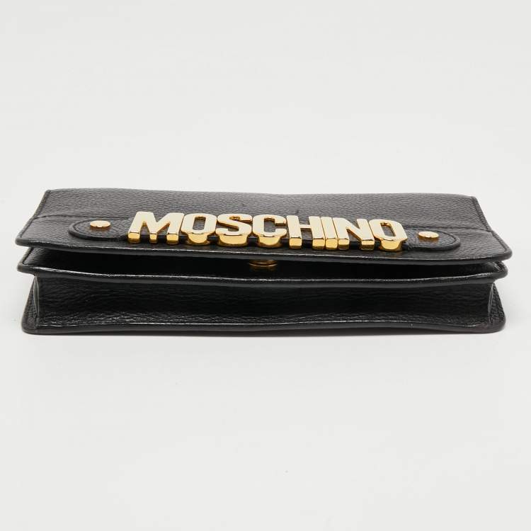 Pre Owned Moschino Black Leather Flap Chain Clutch