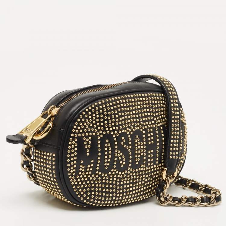 Pre Owned Moschino Black Studded Leather Crossbody Bag