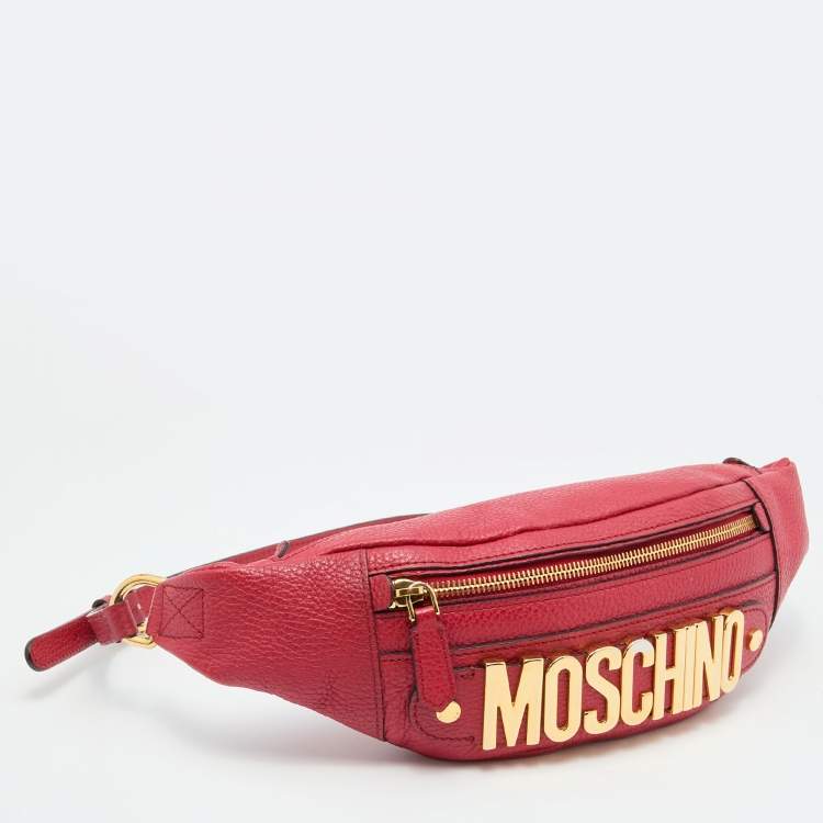Pre Owned Moschino Red Leather Logo Belt Bag