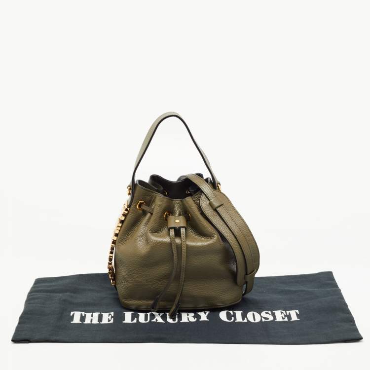 Pre Owned Moschino Green Leather Logo Drawstring Bucket Bag   