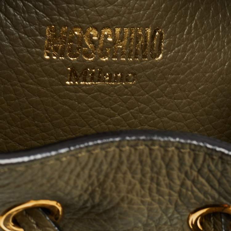 Pre Owned Moschino Green Leather Logo Drawstring Bucket Bag   