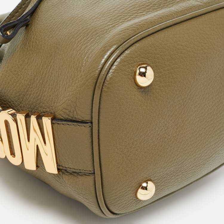Pre Owned Moschino Green Leather Logo Drawstring Bucket Bag   