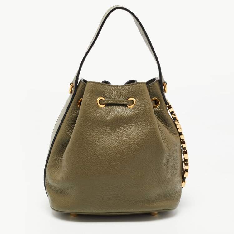 Pre Owned Moschino Green Leather Logo Drawstring Bucket Bag   