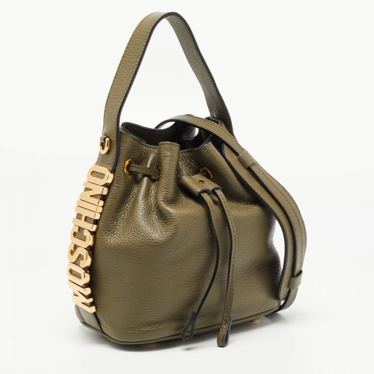 Pre Owned Moschino Green Leather Logo Drawstring Bucket Bag   
