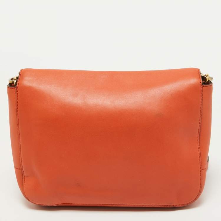 Pre Owned Moschino Orange Leather Limited Edition Logo Flap Crossbody Bag