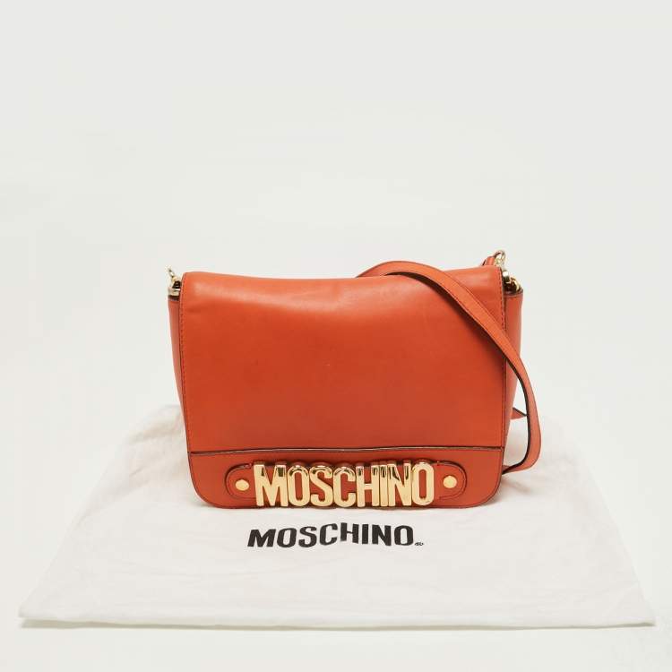 Pre Owned Moschino Orange Leather Limited Edition Logo Flap Crossbody Bag