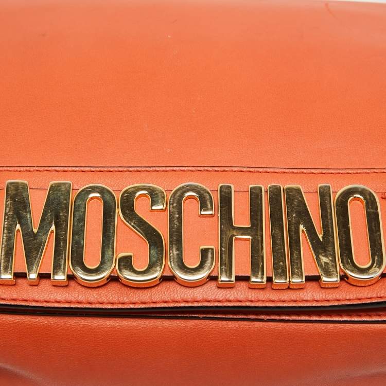 Pre Owned Moschino Orange Leather Limited Edition Logo Flap Crossbody Bag