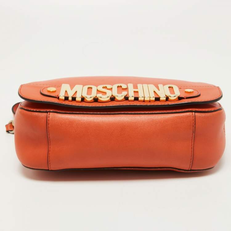 Pre Owned Moschino Orange Leather Limited Edition Logo Flap Crossbody Bag