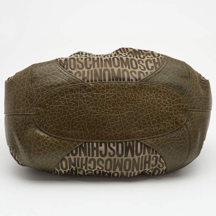 Pre Owned Moschino Olive Green Signature Fabric and Croc Embossed Leather Hobo