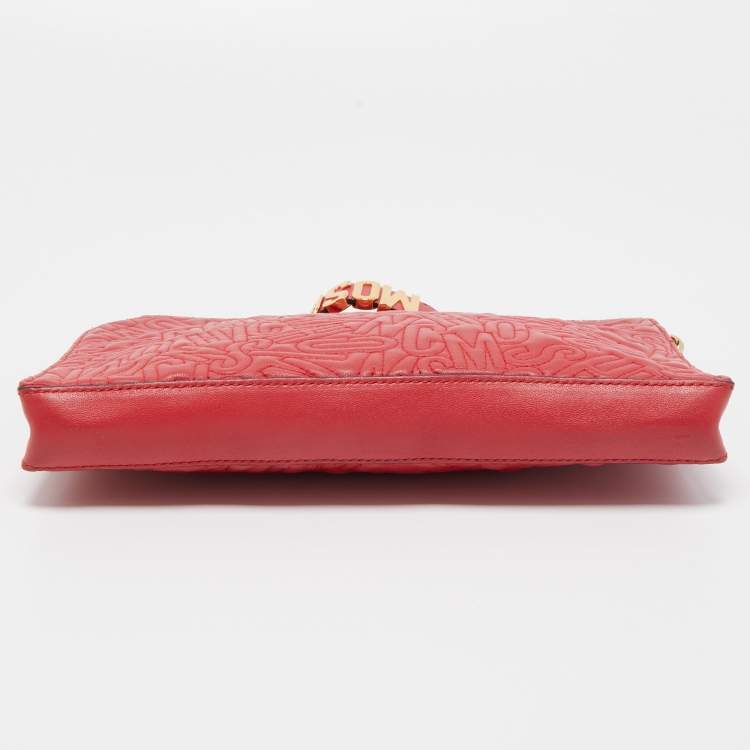 Pre Owned Moschino Red Embroidered Logo Leather Wristlet Clutch