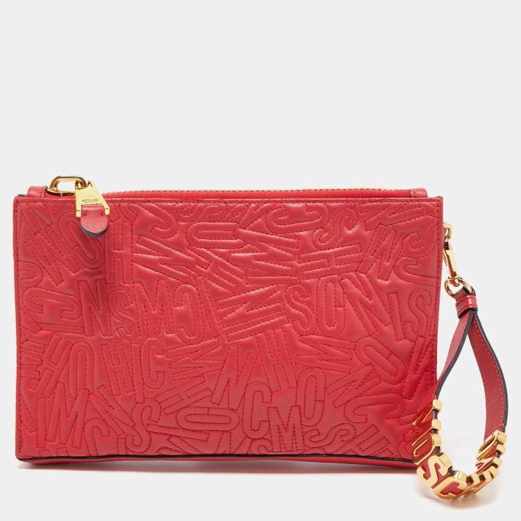 Pre Owned Moschino Red Embroidered Logo Leather Wristlet Clutch