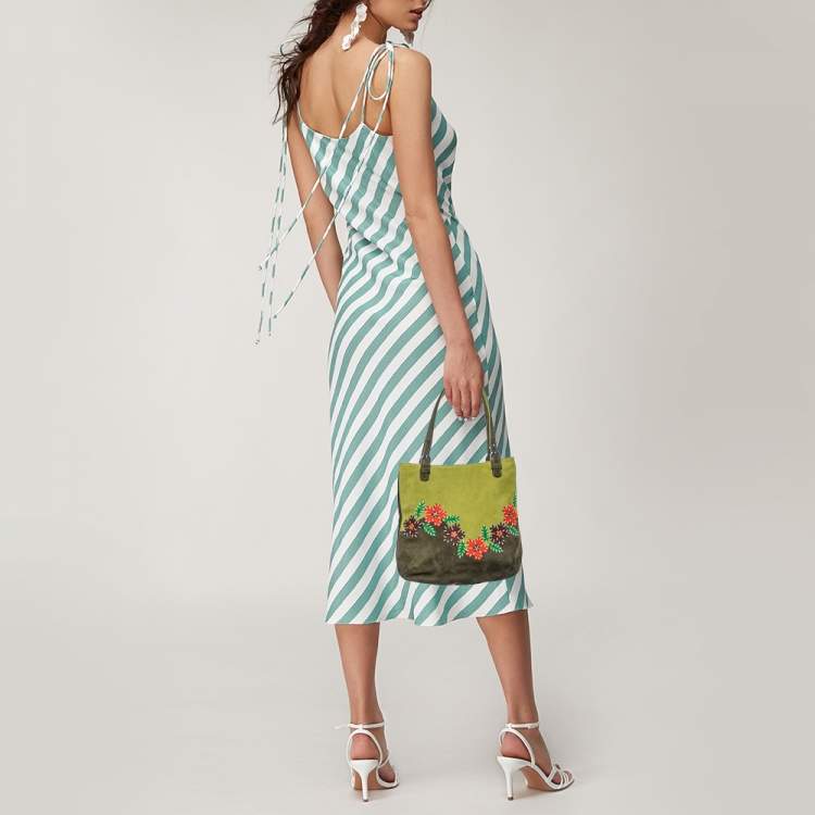 Pre Owned Moschino Two Tone Green Alcantara Embroidered Flowers Hobo