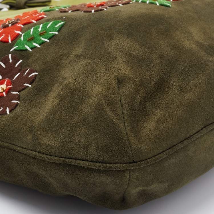 Pre Owned Moschino Two Tone Green Alcantara Embroidered Flowers Hobo