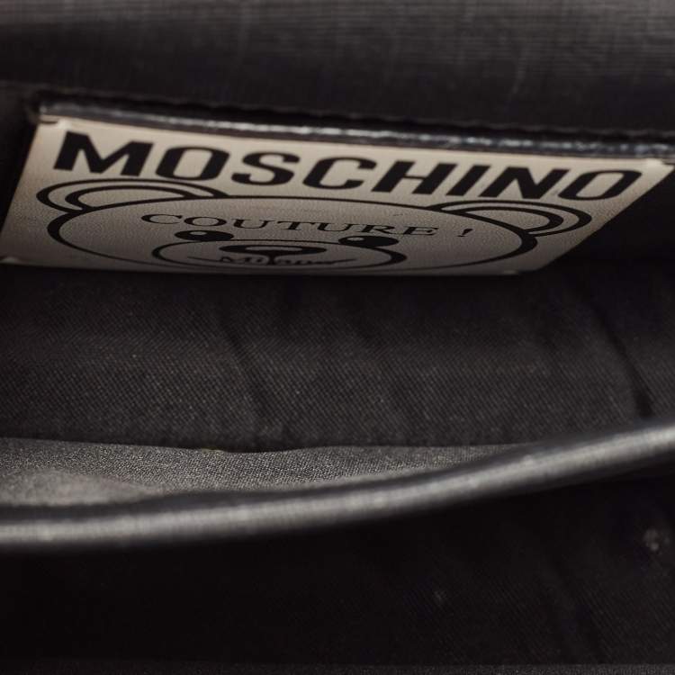 Pre Owned Moschino Black Leather Teddy Bear Tab Crossbody Bag