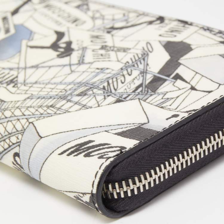 Pre Owned Moschino Black/White Printed Coated Canvas and Leather Zip Around Wristlet Wallet