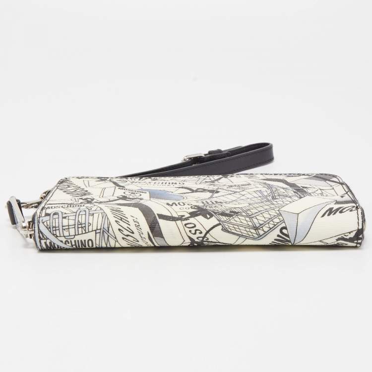 Pre Owned Moschino Black/White Printed Coated Canvas and Leather Zip Around Wristlet Wallet