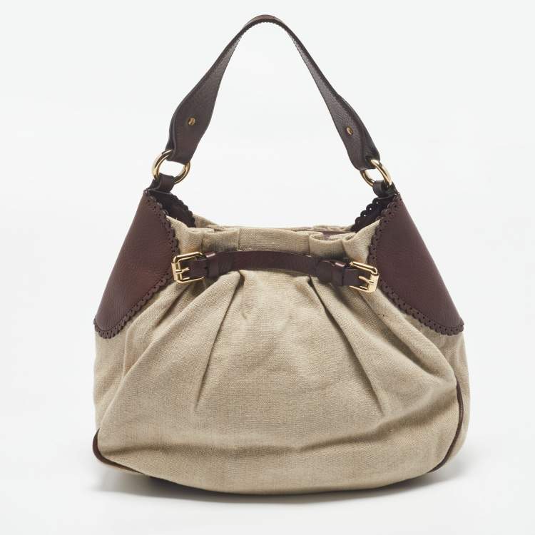 Pre Owned Moschino Beige/Brown Canvas and Leather Hobo
