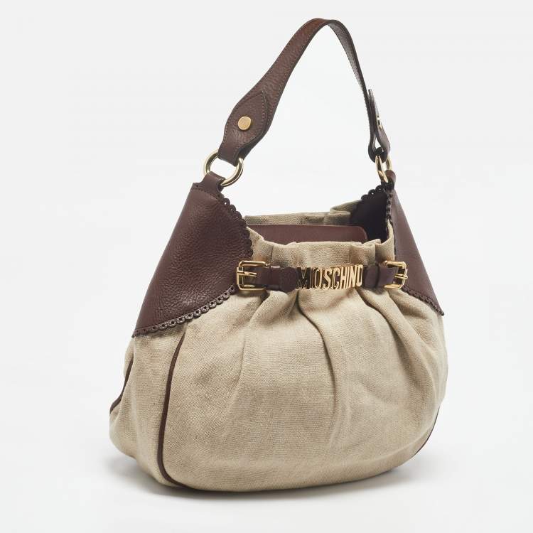 Pre Owned Moschino Beige/Brown Canvas and Leather Hobo