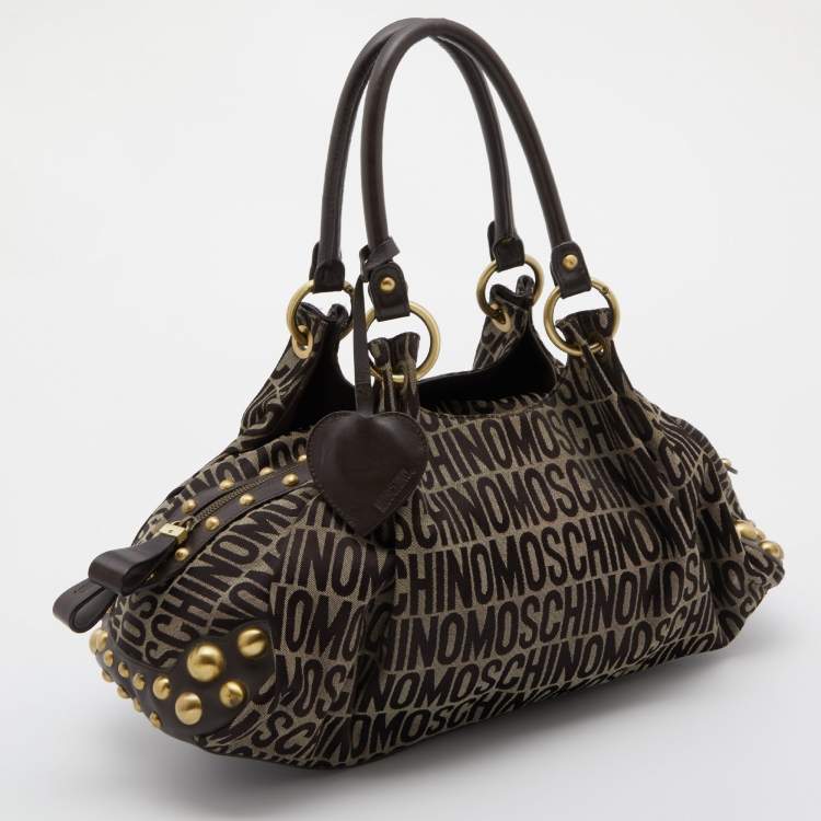 Pre Owned Moschino Brown/Beige Monogram Canvas and Leather Satchel