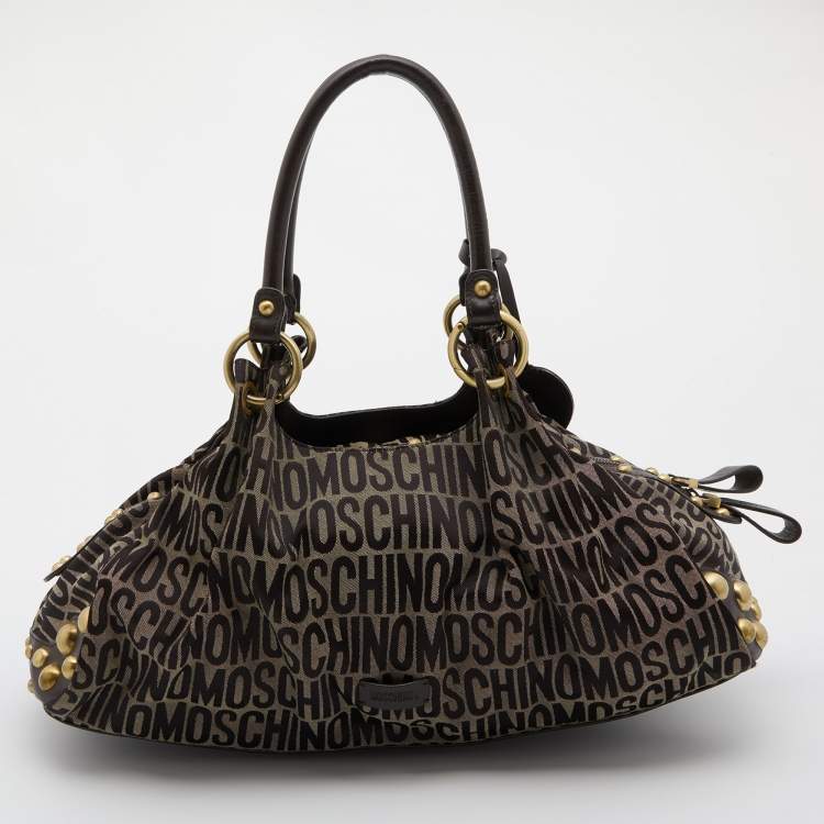 Pre Owned Moschino Brown/Beige Monogram Canvas and Leather Satchel