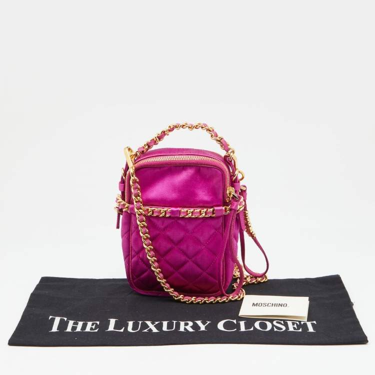 Pre Owned Moschino Pink Quilted Satin Chain Detail Crossbody Bag 