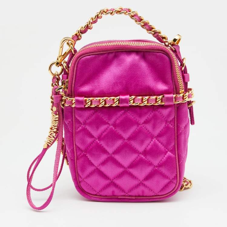 Pre Owned Moschino Pink Quilted Satin Chain Detail Crossbody Bag 