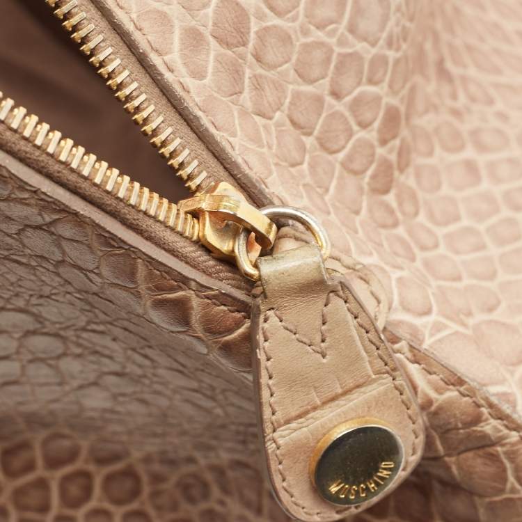 Pre Owned Moschino Beige Croc Embossed Leather  Heart Charm Dome Satchel
