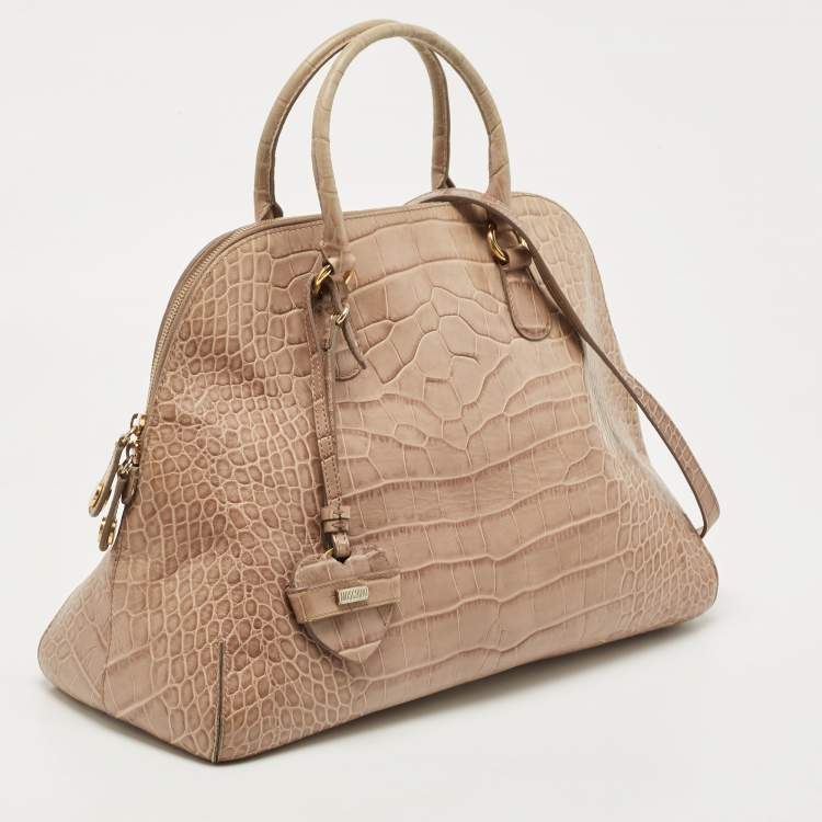 Pre Owned Moschino Beige Croc Embossed Leather  Heart Charm Dome Satchel
