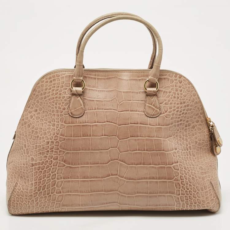 Pre Owned Moschino Beige Croc Embossed Leather  Heart Charm Dome Satchel
