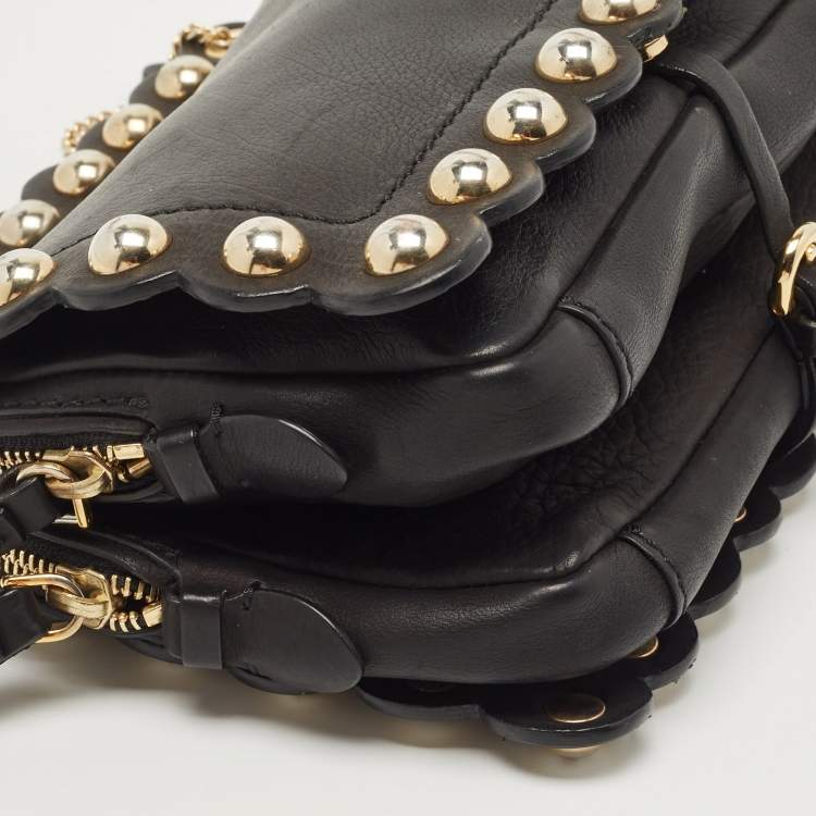 Pre Owned Moschino Black Leather Studded Flap Shoulder Bag