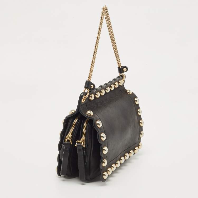 Pre Owned Moschino Black Leather Studded Flap Shoulder Bag