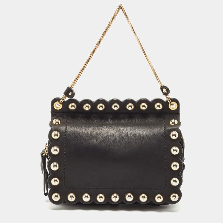 Pre Owned Moschino Black Leather Studded Flap Shoulder Bag