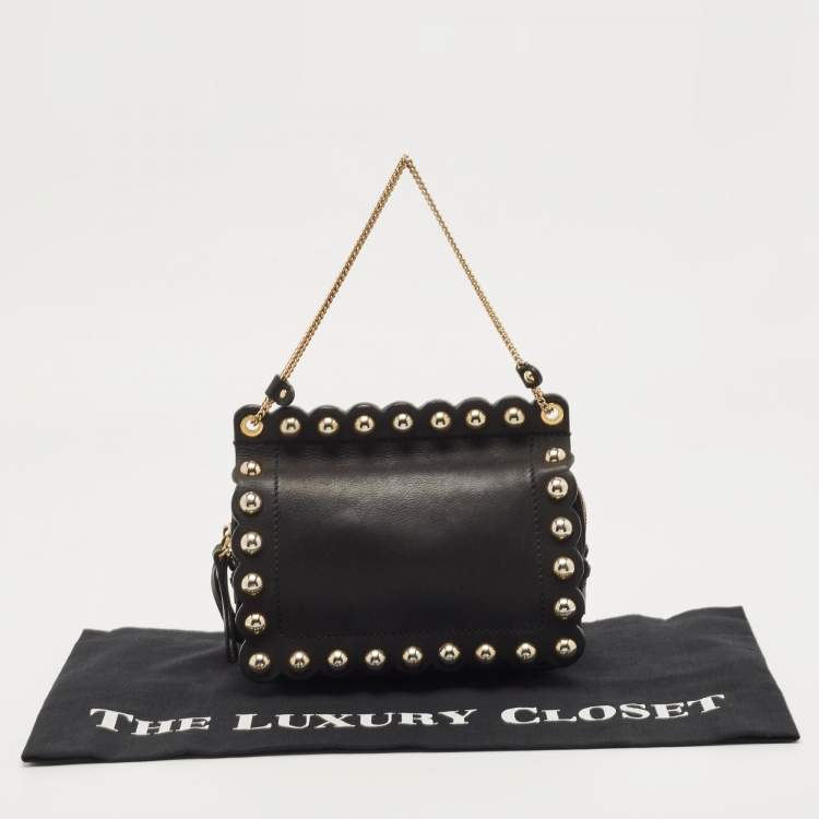 Pre Owned Moschino Black Leather Studded Flap Shoulder Bag