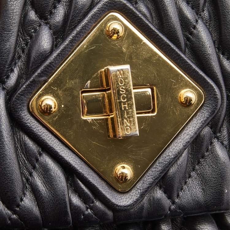 Pre Owned Moschino Black Quilted Leather Trunlock Flap Shoulder Bag