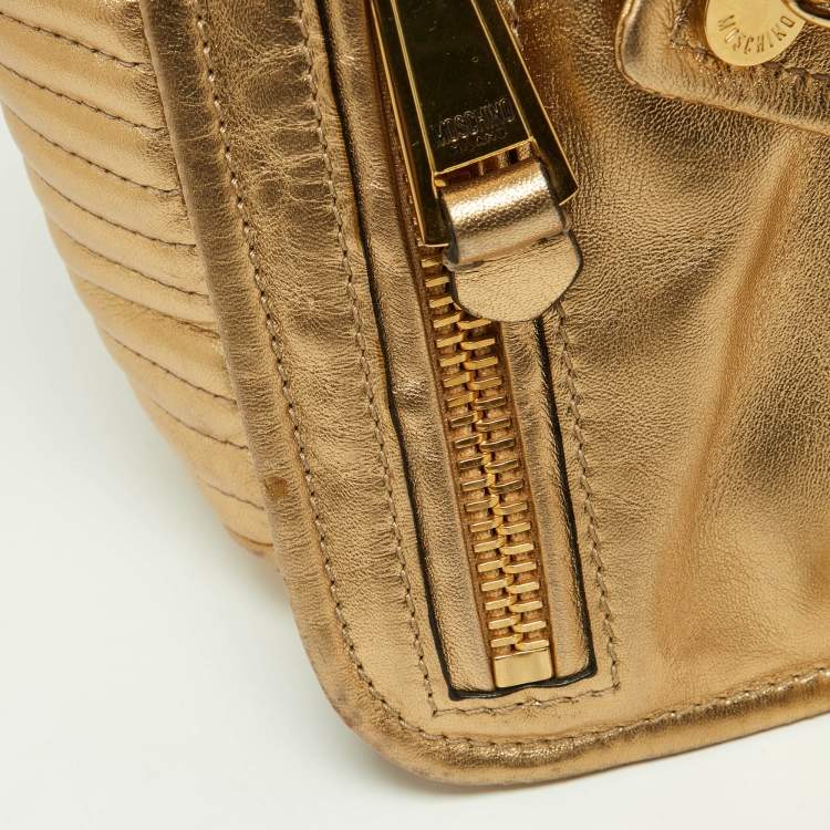 Pre Owned Moschino Gold Leather Large Capsule Biker Jacket Shoulder Bag 