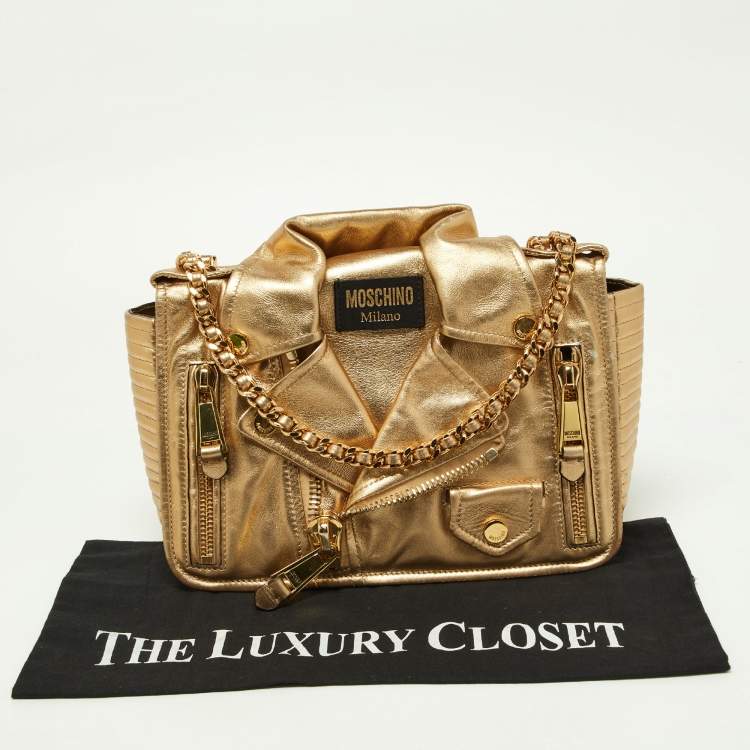 Pre Owned Moschino Gold Leather Large Capsule Biker Jacket Shoulder Bag 